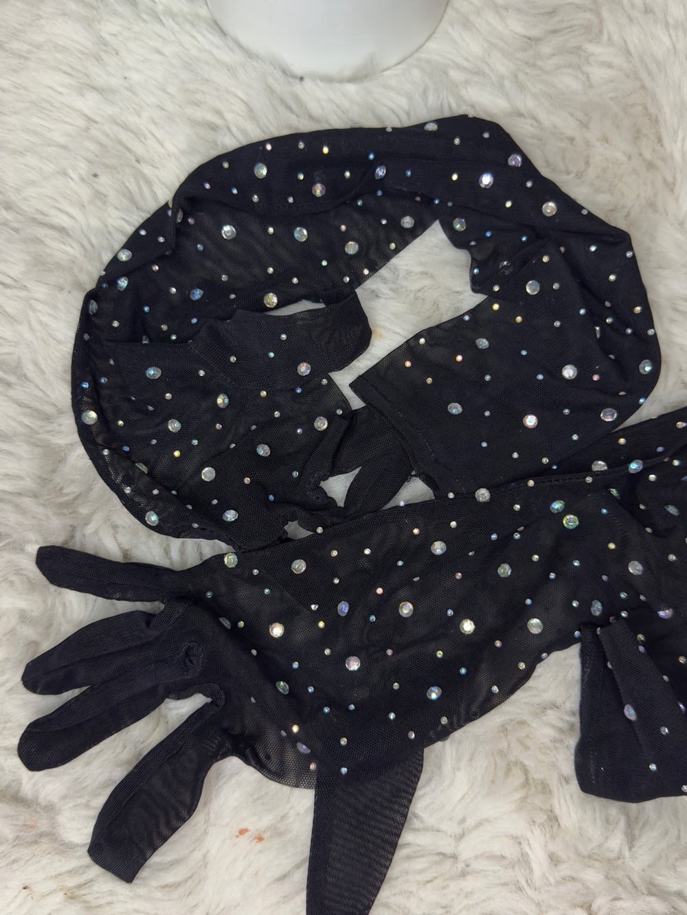 Black Rhinestone-Embellished Mesh Gloves and Scarf Set